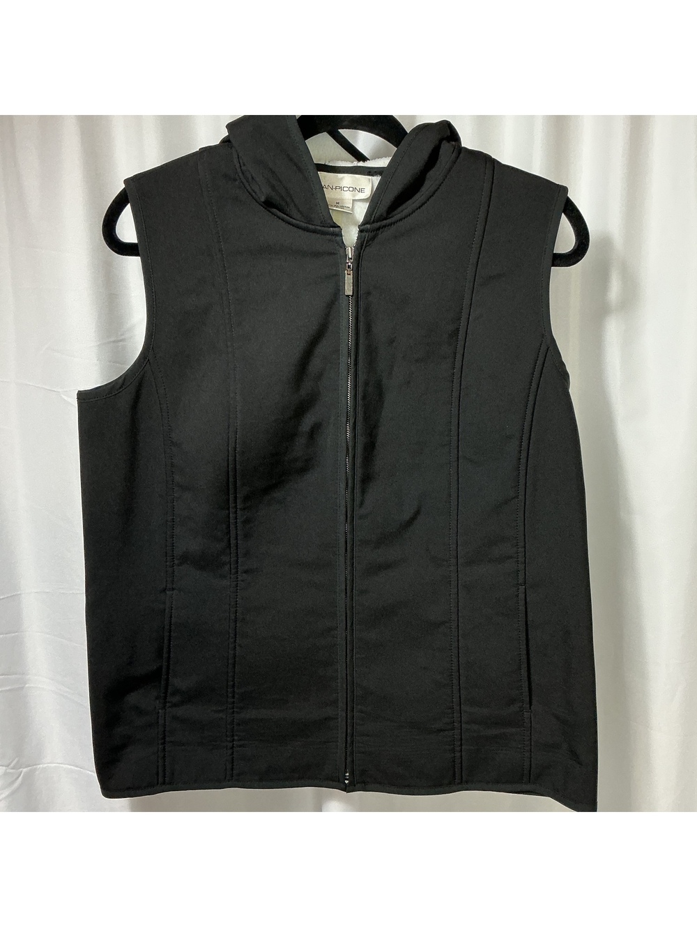Evan-Picone Black Hooded Vest Womenβs M Full Zip Fleece Lined Cozy casual winter